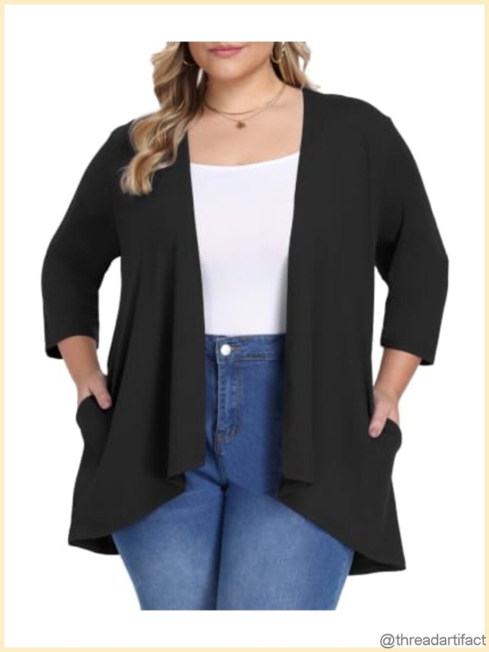 Plus Size Cardigan 3/4 Sleeve Open Front Milk Silk Cover Up with Pockets